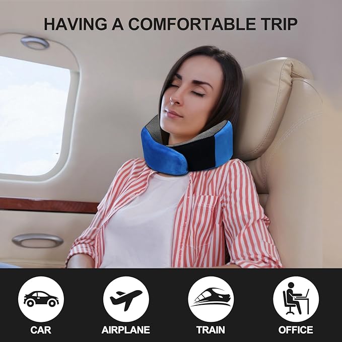 Travel Neck Pillow for Airplanes, 360°Support Neck Pillow for Traveling, Memory Foam Travel Pillows Portable Long Flight Essentials with Washable Cover for Car, Trains, Office (Blue)