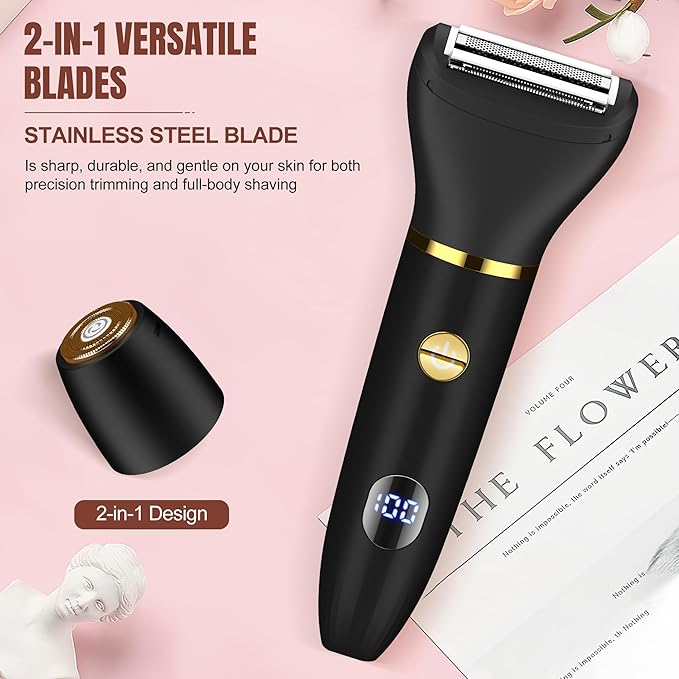 Karrte 2-in-1 Men Electric Shaver Dual Head Bikini Trimmer, Razors for Shaving Pubic Hair, Wet and Dry Cordless Painless Hair Removal for Private Area Black