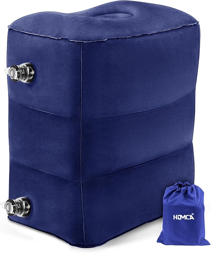 HOMCA Inflatable Travel Foot Rest Pillow, Adjustable Height Leg Pillow，Fast Inflating Airplane Bed for Toddlers，Footrest Pillow for Office, Airplane，Train，Cars，Home (Blue)