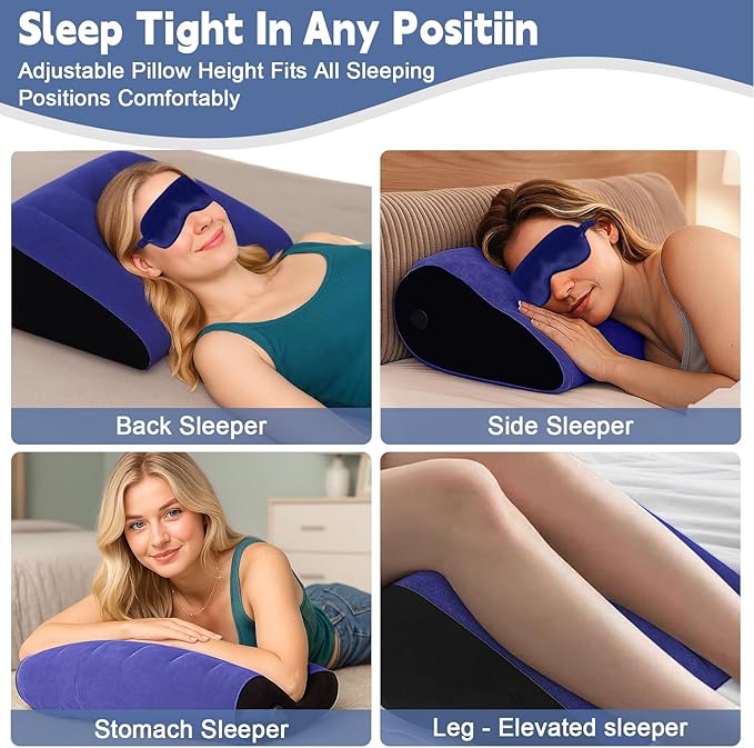 TheClover Inflatable Wedge Pillow for Sleeping - Leg Elevation, Use in Bed Back Support, Wedge Pillow for Sleep Apnea, Portable Travel Triangle Pillow, Camping, Fast Inflating Deflation (Blue)