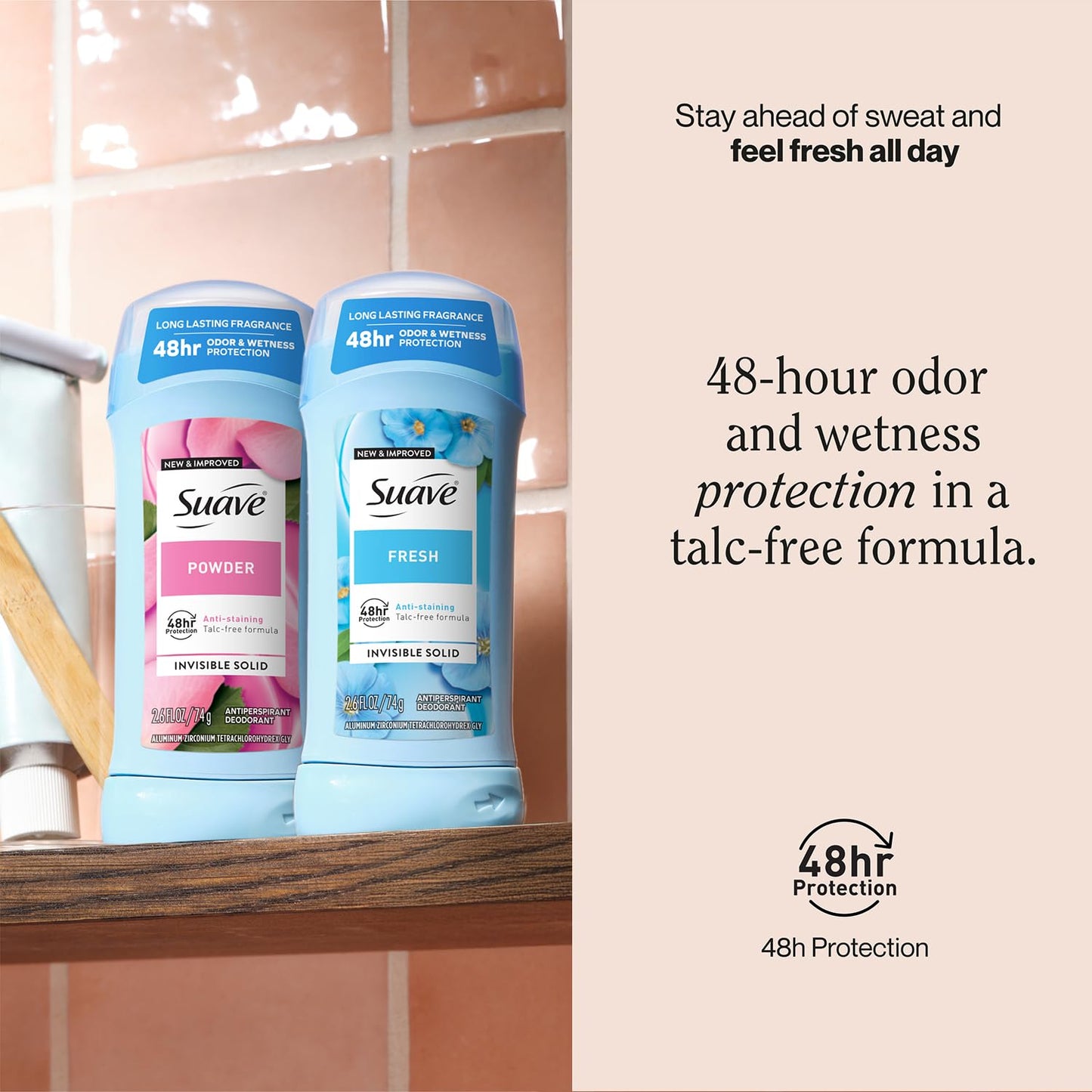 Suave Antiperspirant Deodorant for Women, Fresh & Powder Variety 2-Pack – Anti-Staining Invisible Solid Sticks, Talc-Free, 2.6 Oz Ea