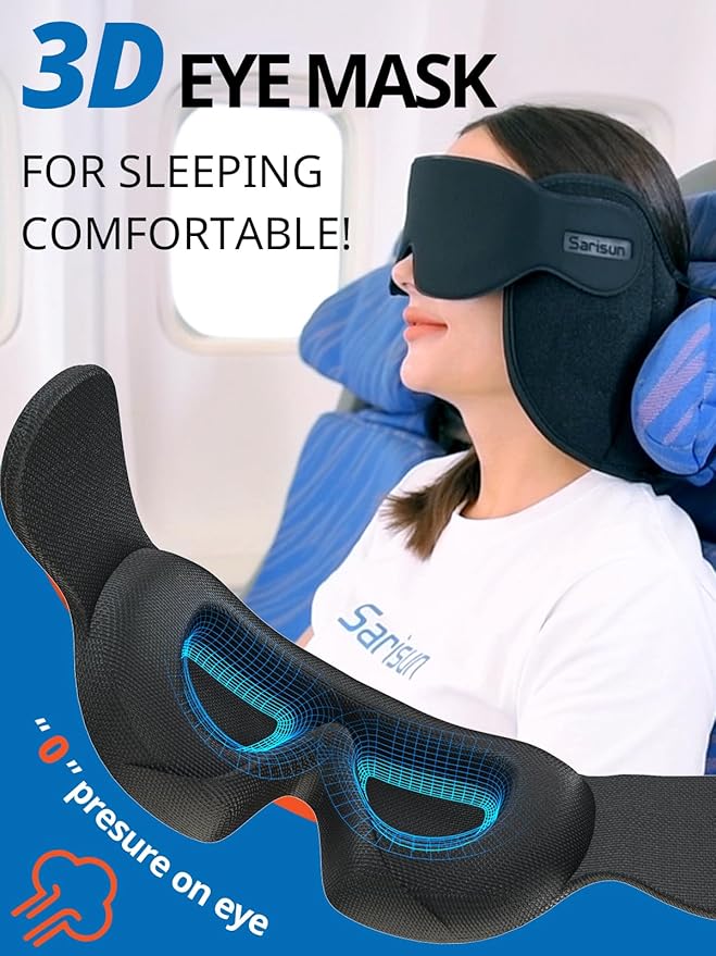 Travel Pillow, Upgrade Airplane Pillow for Long Flight, 360° Support Headrest, Travel Neck Pillow Eye Masks for Sleep, Compact Airplane Travel Essentials, Stop Bobblehead, Mottled Blue
