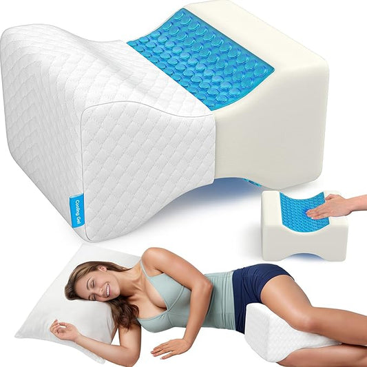 CloudBliss Knee Pillow for Side Sleepers - Cooling Leg Pillow for Side Sleeping, Memory Foam Knee Pillow for Hip Pain, Lower Back Pain, Sciatica Pain, Knee Wedge Pillow with Contour Design, White