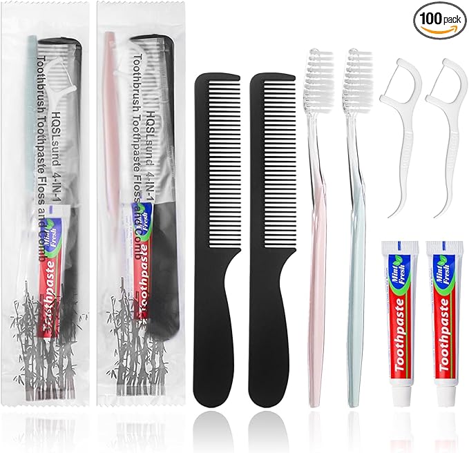 100pcs Disposable Toothbrushes with Toothpaste Floss Comb Individually Wrapped, 4-in-1 Bulk Toothbrush Kit with 2 Color Toothbrush,10g Toothpaste,7 inch Comb, Floss Pick