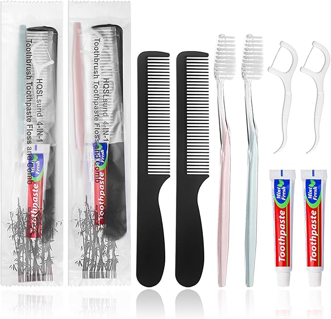 50pcs Disposable Toothbrushes with Toothpaste and Comb Floss Individually Wrapped, 4-in-1 Bulk Toothbrush Kit with 2 Color Toothbrush,10g Toothpaste,7 inch Comb, Floss Pick for Homeless,Hotel