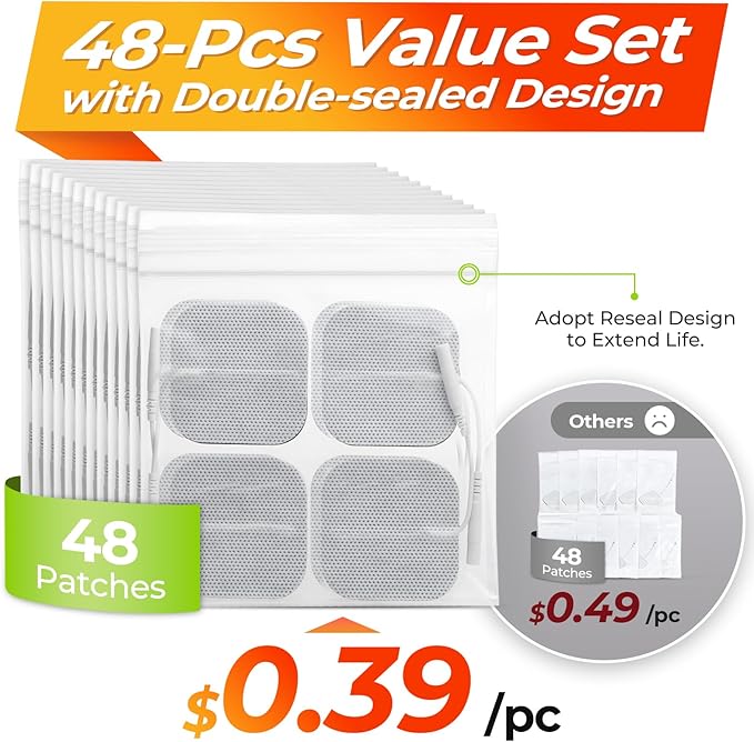 AUVON TENS Unit Electrode Pads 2"x2" 48 Pcs Value Pack, Reusable Latex-Free TENS Unit Pads with Upgraded Self-Adhesion, Non-Irritating Replacement Pads Compatible with TENS 7000, Etekcity, Nicwell