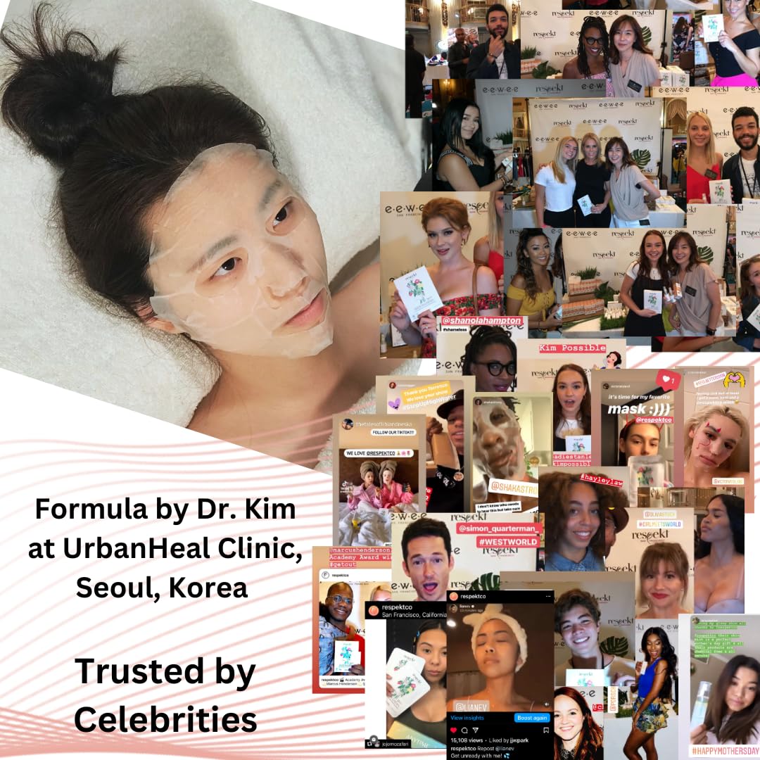 RESPEKT Facial Sheet Mask for Pore Tightening, Collagen Boost, Dark Spots, Moisturizing, Wrinkles: Collagen, Peptide, Hyaluronic Acid, Diamond Powder, Niacinamide, Biodegradable Sheet