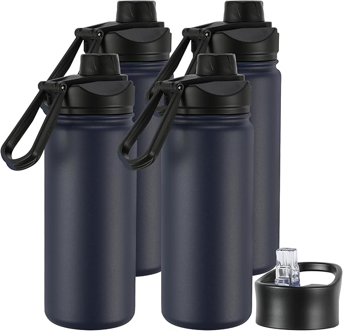 16 oz Insulated Water Bottle with Straw Lids, Stainless Steel Kids Water Bottles for School, Double Wall Vacuum Metal Water Bottle with Straw & Wide Mouth Lid, Navy 4 Pack