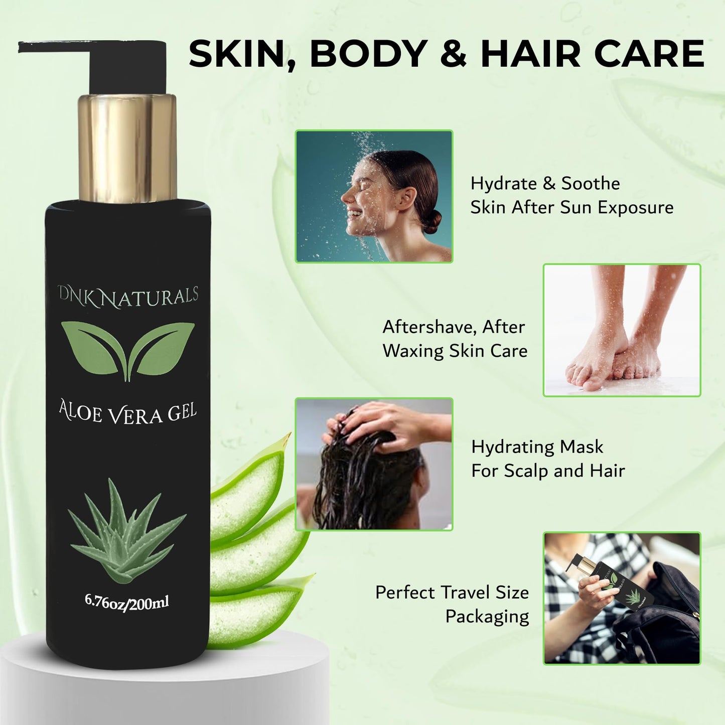 DNK Naturals Aloe Vera Gel made from fresh 100% Pure Aloe - Sunburn Relief - Calms Irritated Skin - Hydrates - With Niacinamide - For Face, Body, and Hair - Vegan, No Fragrance - 200ml