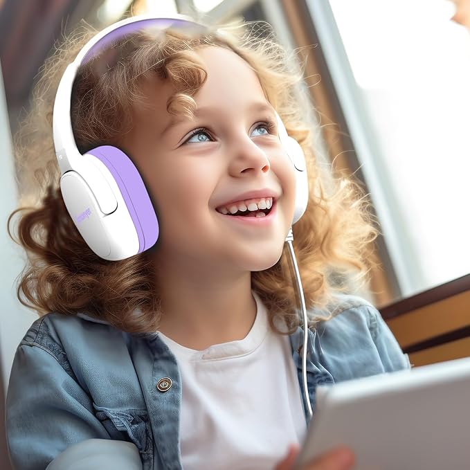 Kids Headphones for School, 3.5mm Jack Wired Headphones for Kids with Safe Volume Limiter, HD Stereo Sound On-Ear Girls Boys Toddler Headphone for Tablet, iPad, Kindle(WhitePurple)