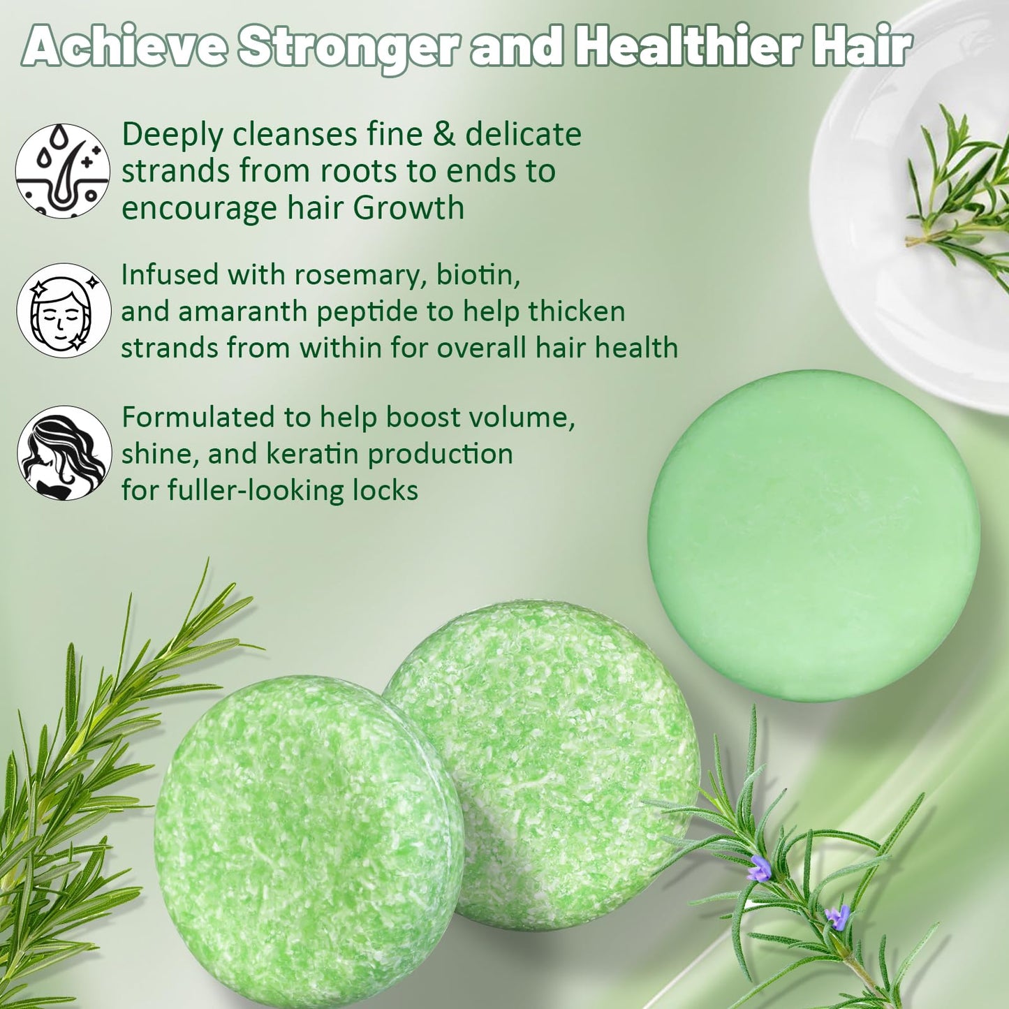3 PCS Rosemary Biotin Shampoo Bar & Conditioner Bar Set for Thinning Hair, Deep Cleansing for Scalp Hair Loss Shampoo Soap, Natural Solid Shampoo Oil Control for Hair Growth, Strengthening Weak Hair