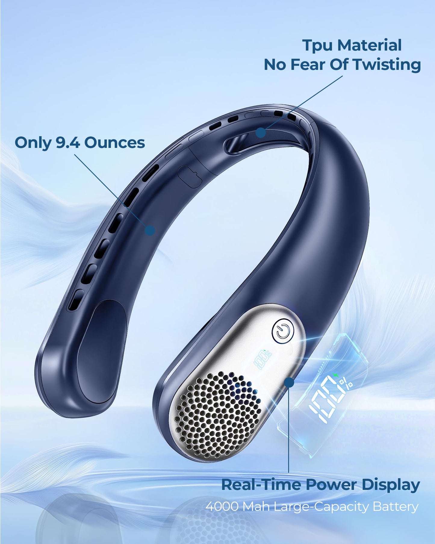 wegte Portable Neck Fan Rechargeable, 3 Speed Settings, Wearable Bladeless Neck Fan, 360°Personal Fan Neck Cooler with 4000mAh Battery,Twistable Lightweight and Quiet–Birthday Gift for Women-Blue