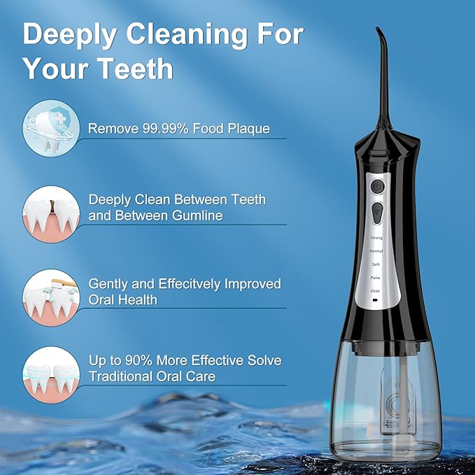 300mL Water Flosser Cordless - Rechargeable Travel Water Flossers for Teeth Cleaning with 5 Pressure Settings, 4 Tips, IPX7 Waterproof for Teeth Cleaning