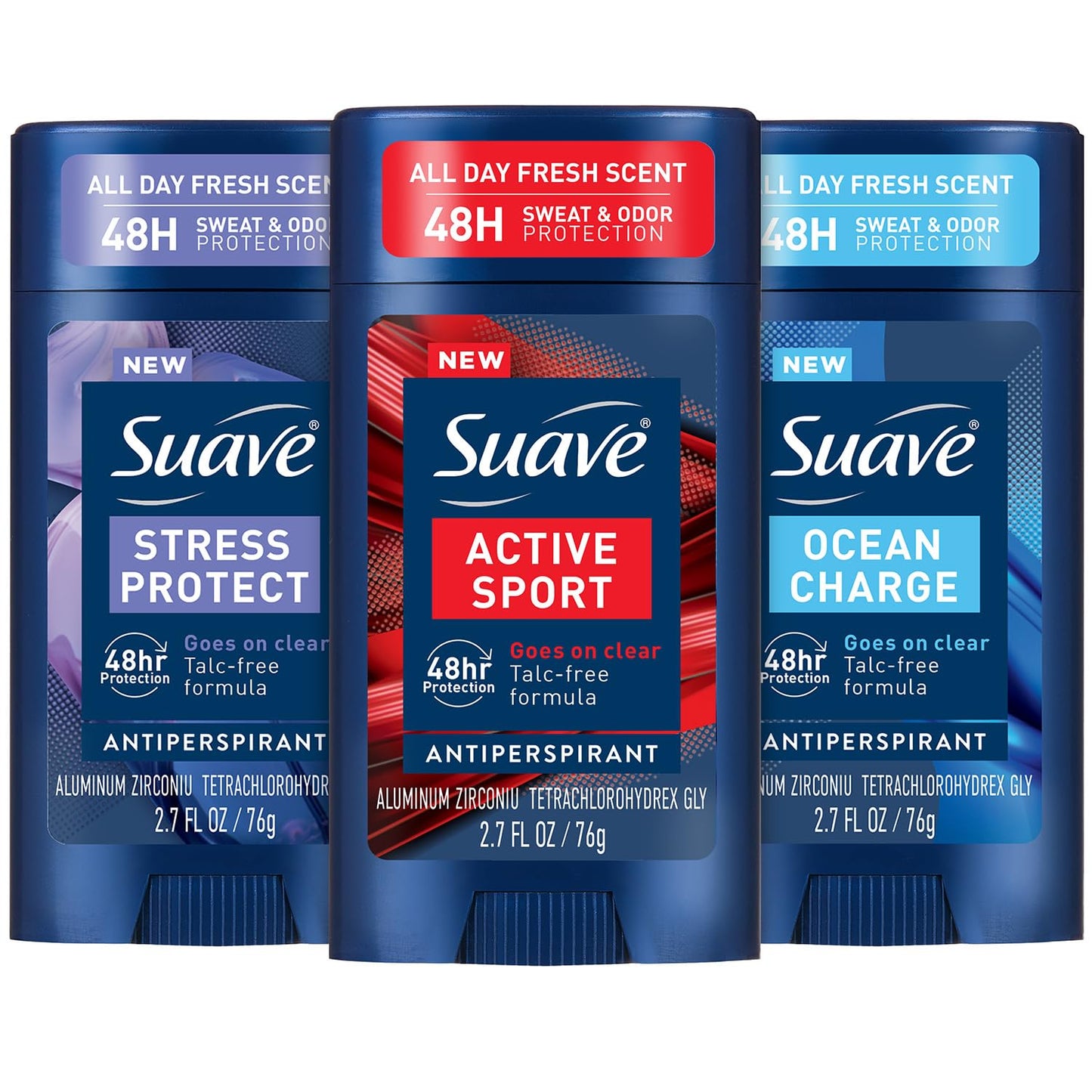 Suave Antiperspirant Deodorant for Men Variety 3-Pack – Invisible Solid Active Sport, Ocean Charge & Stress Protect Antiperspirant Sticks, 48H Sweat & Odor Protection, 2.7 Oz Ea