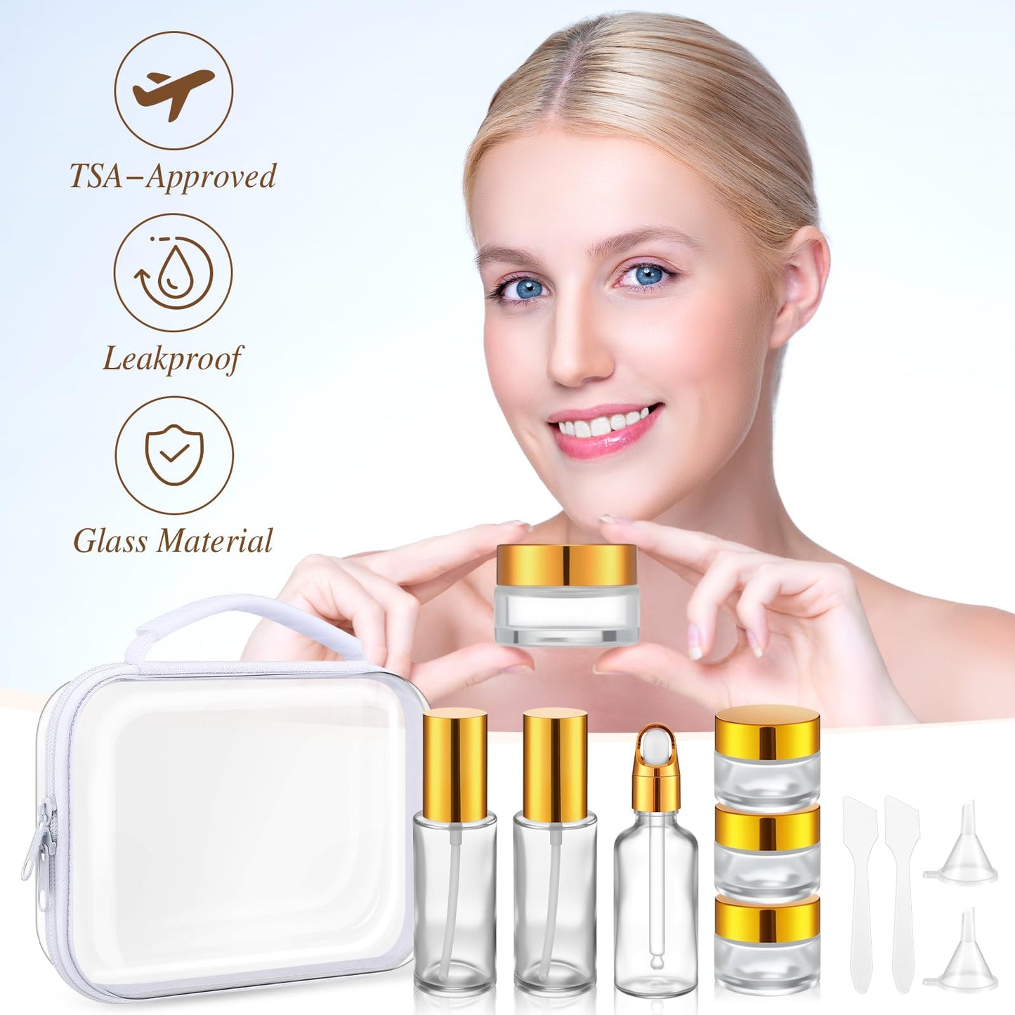 Qiyaz 11 Pcs Glass Travel Bottles with Clear Hard Zipper Case Skin Care Containers Travel Size Mini Makeup Containers Tsa Approved with Pump Spray for Liquid Toners Serum Cream(Gold,Style 1)