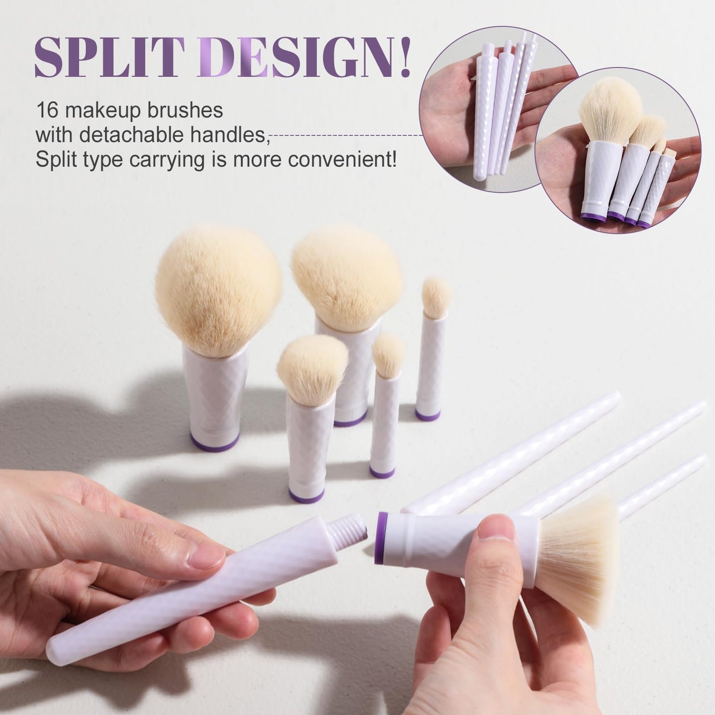 BS-MALL Travel Makeup Brushes – Professional and Durable 16-piece Se tDetachable Rotating Handles, Eco-Friendly Design, Comes with Storage Barrel(white Travel Case)