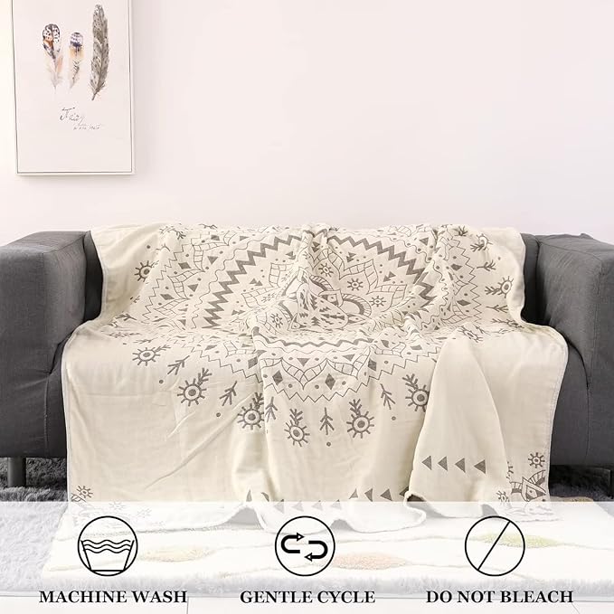 Boho Throw Blanket for Bed 100% Cotton Ultra Soft Rustic Quilt Fall Blanket Geometric Mandela Printed Farmhouse Decor Bed Blankets,60"×80" All Season Rustic Throw for Sofa Couch Chair
