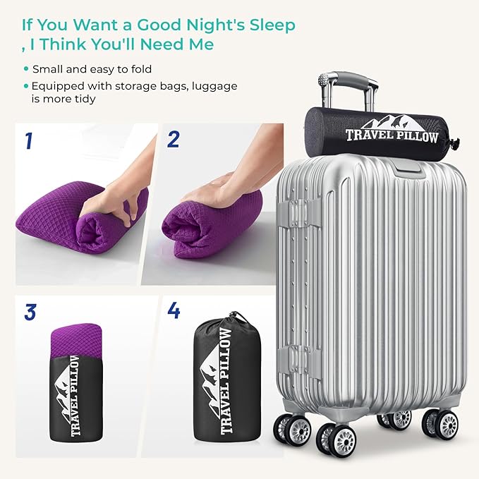 Travel Pillow Memory Foam Pillows, Camping Pillow-Compressible Medium Firm, Breathable Cover, Ideal Backpacking Hiking, Bed Pillows, Airplane and Car (Purple, L)