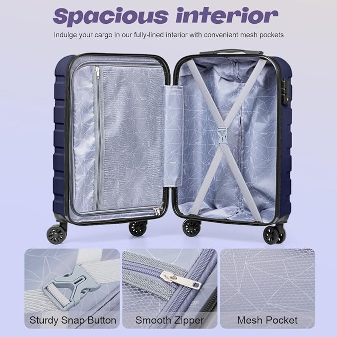 AnyZip Luggage Set 5 Piece PC ABS Hardshell Lightweight Suitcases for Travelling with 4 Universal Wheels TSA Lock Carry on Suitcase Dark Blue