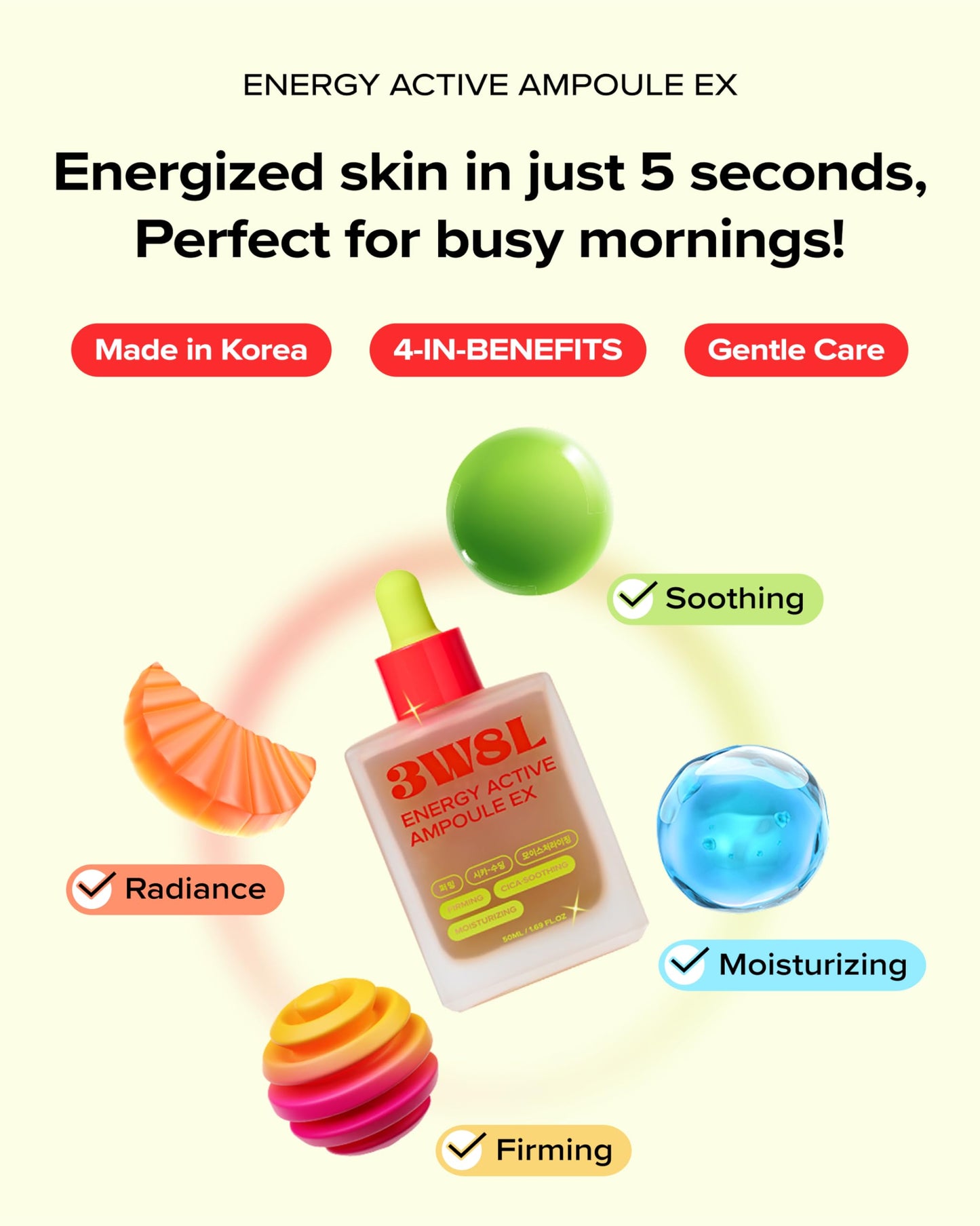 3W8L Energy Active Serum EX, All-in-One Korean Skincare Facial Serum with Centella, Hyaluronic Acid, Peptides & Vitamin C – Hydrating, Firming, Shiny, Fine Lines Care, Lightweight, 1.69 fl oz