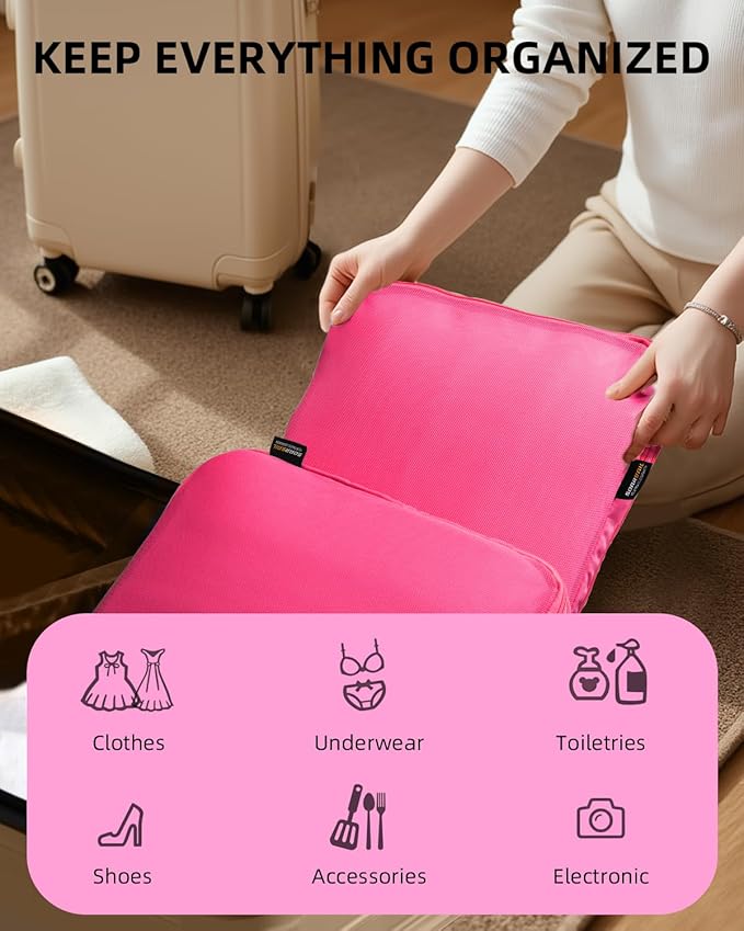 Compression Cubes, XL/L/M/S Travel Luggage Organizers (6 Set, Rose Red)