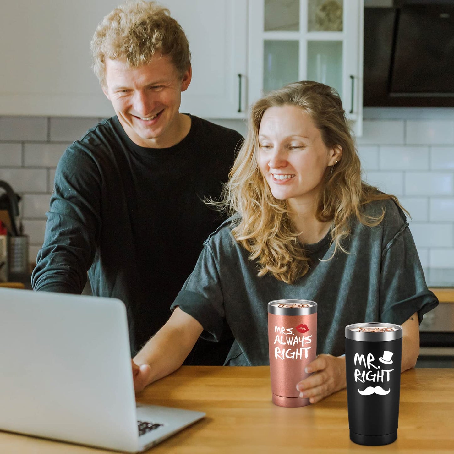 Qtencas Mr. Right Mrs. Always Right Travel Tumbler Set, Wedding Engagement Gifts for Husband Wife Newlywed Couples Bride Groom Anniversary, 20oz Stainless Steel Tumbler, Black and Rose Gold