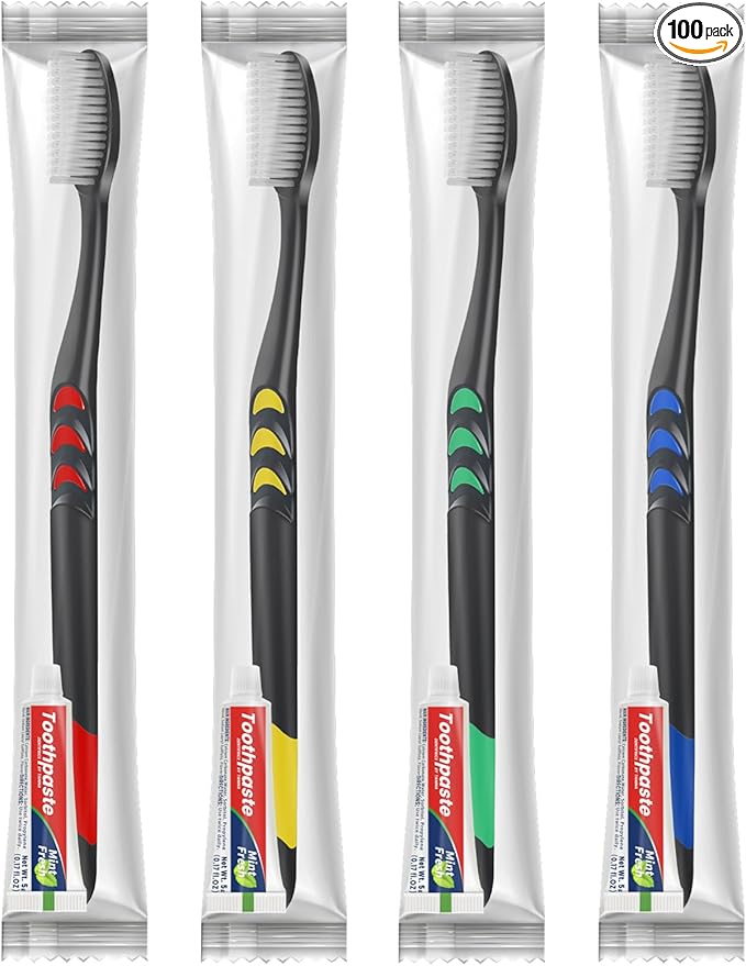 100 Pack Disposable Toothbrush with Toothpaste Set, Individually Wrapped Travel Toothbrushes for Adults & Kids, Portable Soft Bristle Kit for Camping, Hotel, Emergency Use (Black, 5g)