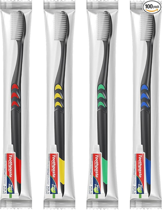 100 Pack Disposable Toothbrush with Toothpaste Set, Individually Wrapped Travel Toothbrushes for Adults & Kids, Portable Soft Bristle Kit for Camping, Hotel, Emergency Use (Black, 5g)