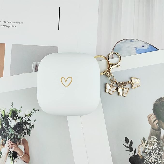 Compatible with Powerbeats Pro, Soft Silicone Case with Gold Heart Pattern for Powerbeats Pro Case with Cute Butterfly Keychain for Girls Women (White)