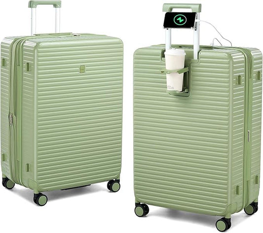 28 Inch Luggage Hard Shell Suitcases, Expandable Travel Checked Luggage 28 Inch, Large Check In Luggage with Spinner Wheels Cup Holder Charger Built in Lightweight Suitcase, Bamboo Green