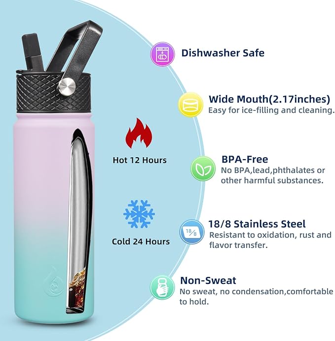 BJPKPK Insulated Water Bottles with Straw Lid, 22oz Cold & Hot Thermo, Stainless Steel Metal Water Bottle with 3 Lids, Reusable Thermo, Cups, Mugs for Daily Use-Lavender Green