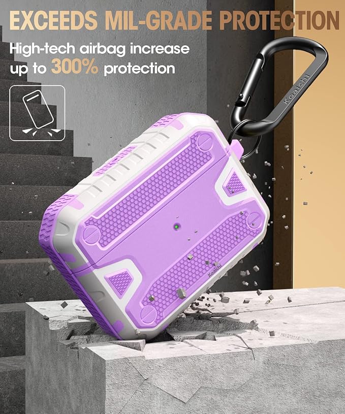 Koaichi Compatible with AirPods Pro(2nd Generation/1st Generation), Full-Body Rugged Hard Shell Protective Case Cover with Keychain Designed for AirPods Pro (2022/2019), Purple/White