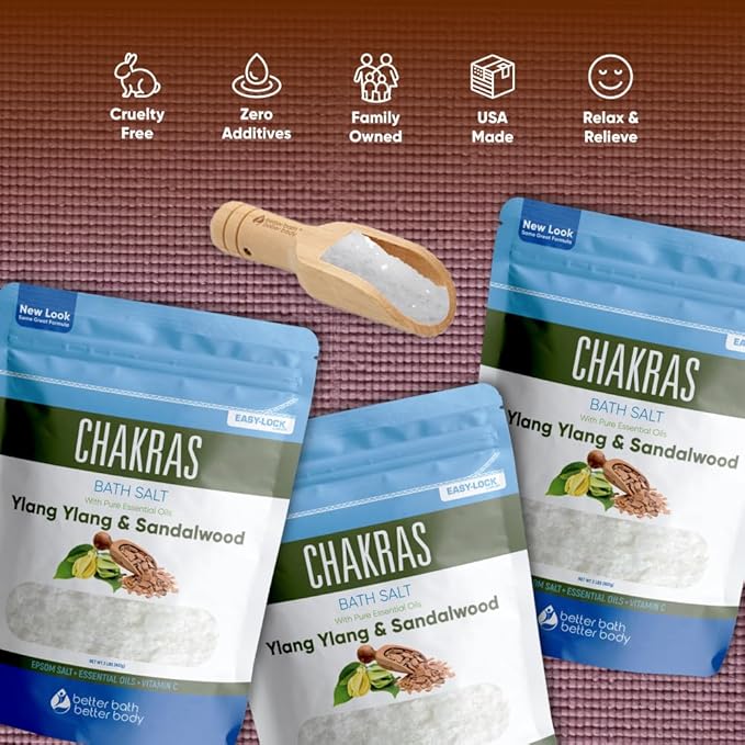 Chakras Bath Salt (3 Pack with Scoop) USP Epsom Salt with Natural Ylang Ylang and Sandalwood Essential Oils Plus Vitamin C in BPA Free Pouch with Easy Press Lock Seal Made in USA Bundle 6 Lbs Total
