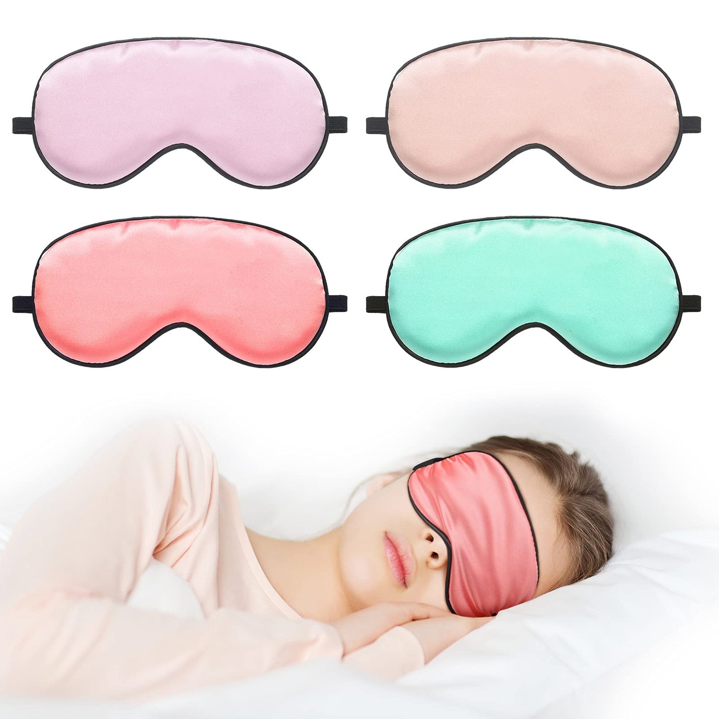 Sintege 4 Pcs Silk Eye Mask for Sleeping Kids Soft Eye Cover with Adjustable Strap Blindfold for Kids Boys Girls School Travel Gift Nap Shade Blocking Light(Green, Pink, Violet, Red)