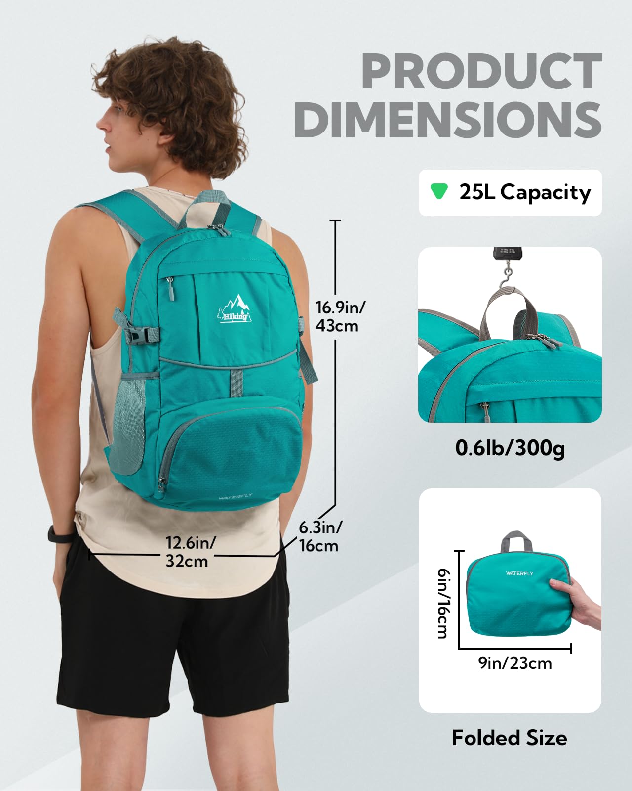 WATERFLY Hiking Foldable Daypack Backpack: 25L Ultra Lightweight Waterproof Day Pack for Woman Man - Small Compact Packable Folding Back Pack for Outdoor Sport Cycling Biking Travel Trip - Turquoise