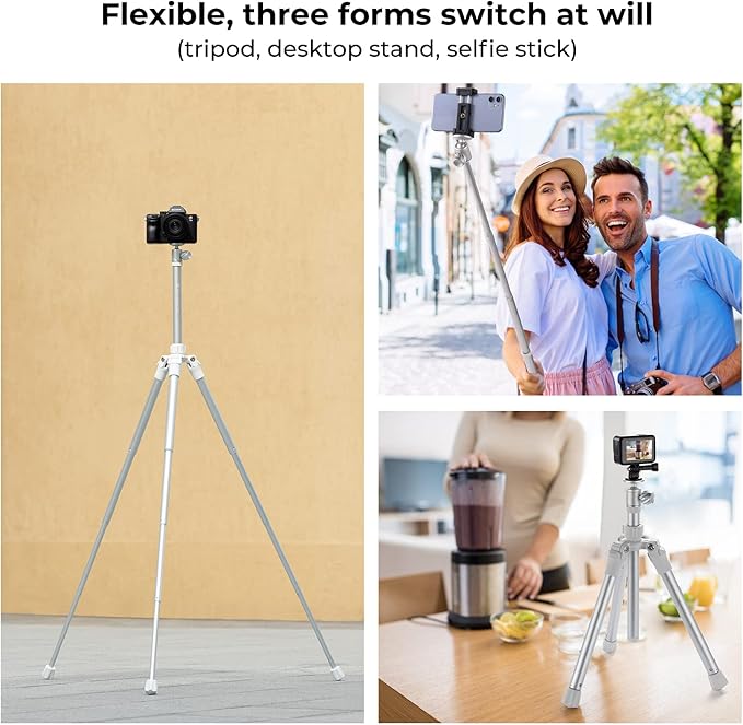 K&F Concept 67''/170cm Cellphone Tripod, 2-in-1 Lightweight Compact Portable Selfie Stick with Phone Holder, DSLR Camera Tripod with Smartphone Remote E224A3+BH-18 Silver
