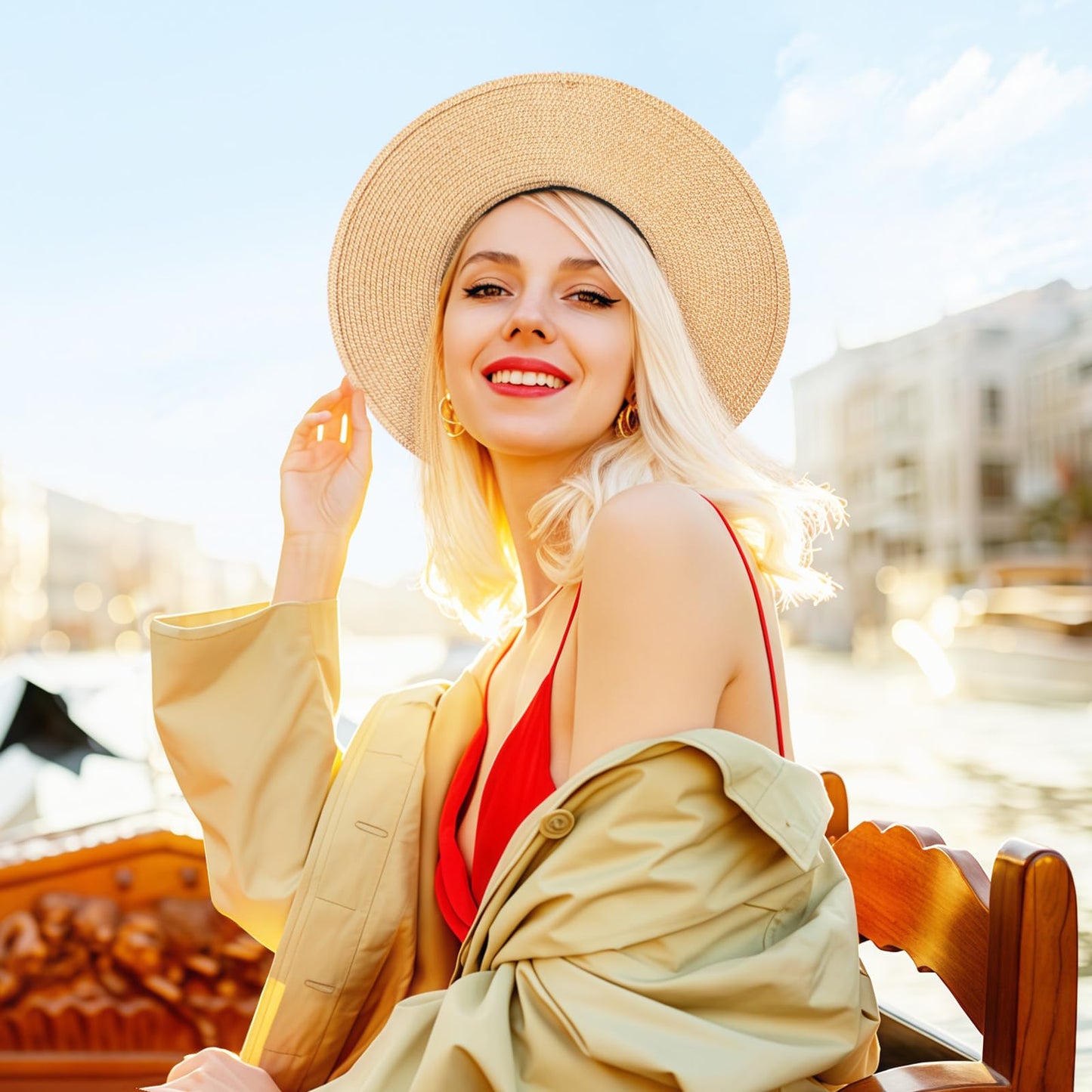 Beach Hats for Women - Sun Hat Womens, Wide Brim Straw Womens Sun Hat with Wind Lanyard Roll Up, Foldable Beach Hat UV Protection