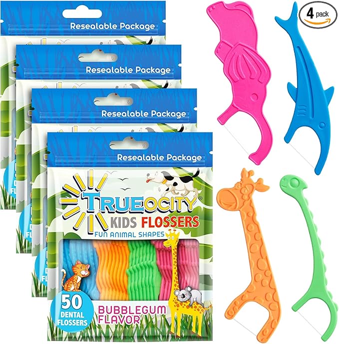 Kids Flossers 4 Pack (200 Count) – Fun Animal-Shaped Floss Picks for Kids, Bubble Gum Flavor, Easy Glide Between Teeth, Helps Prevent Tooth Decay & Gum Disease
