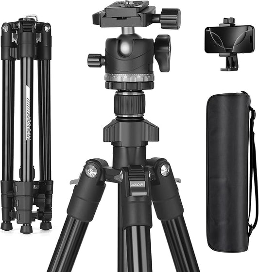 JOILCAN 66" Camera Tripod, Lightweight Travel Tripod with 360° Ball Head & Phone Holder, 22lbs Max Load for DSLR, Camera, Phone, Video & Photography (Grey)