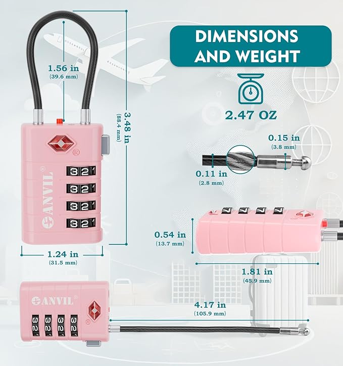 ANVIL 4 Digit Luggage Locks, TSA Locks for Luggage, Advanced TSA008 core, Alert Indicator for Your Travel Lock, Suitcase Lock. (4, 4 Colors)