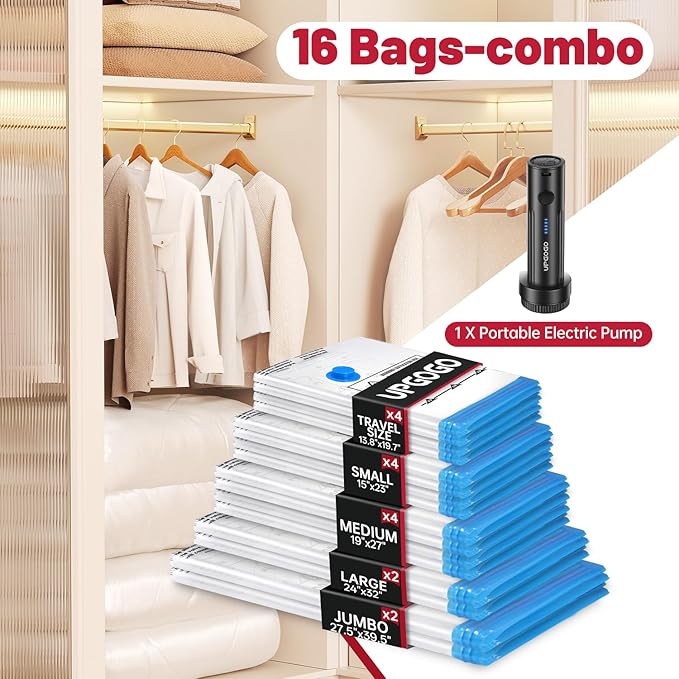 Combo 16 Pack Vacuum Storage Bags with Portable Electric Pump,Vacuum Seal Bags for Clothing,Space Saver Bags,Vacuum Travel Bags for Luggage