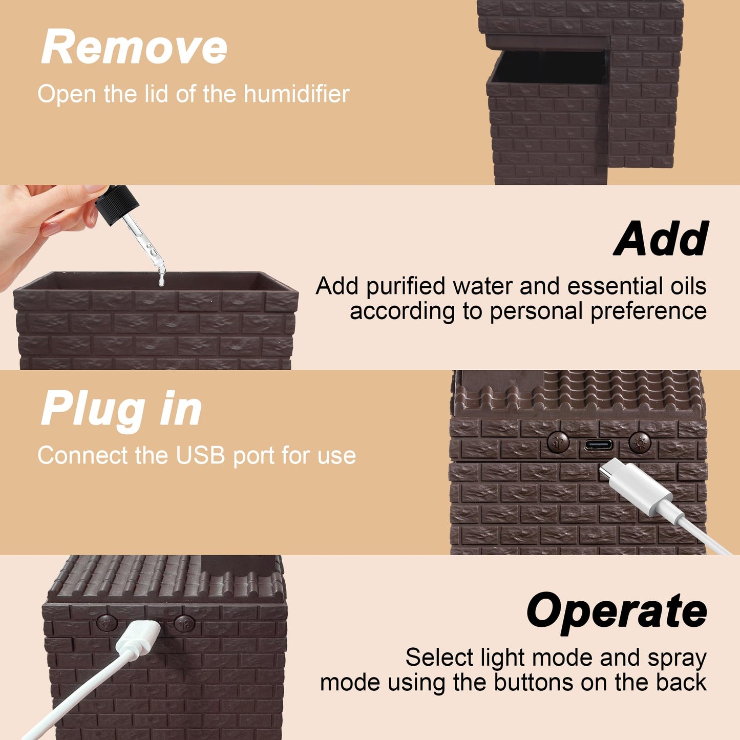 Fireplace Humidifier Diffuser,200ml Aromatherapy Essential Oil Diffuser with Cool Mist,Portable Aroma Humidifiers with Waterless Auto-Off for Home Office Bedroom Yoga (Brown)