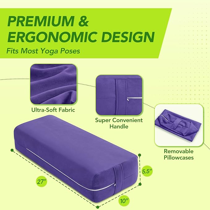 Rectangular Yoga Bolster - Meditation Pillow with Washable Suede Cover, 27"X10" X5.5"