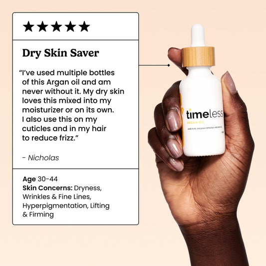 Timeless Skin Care Argan Oil - 100% Pure Argan Oil for Face & Hair Care - For Dry Skin - Fragrance-Free - Use with Moisturizer or Hair Products - 1 oz