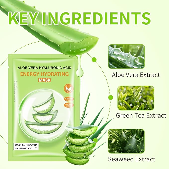 Aloe Vera Facial Mask for Women,Hydrating Face Mask Sheet Home SPA,Moisturizing Face Sheet Mask for Dry, Oily, Sensitive Skin 30ml（5Pack）