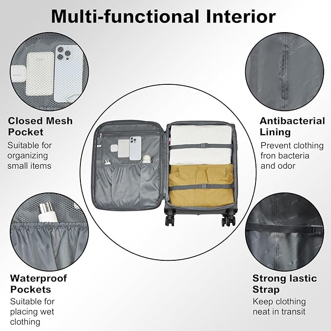 Kono 24 Inch Softside Expandable Checked Luggage with 8 Spinner Wheels TSA Lock Softshell Lightweight Business Travel Suitcase for Men and Women, Grey