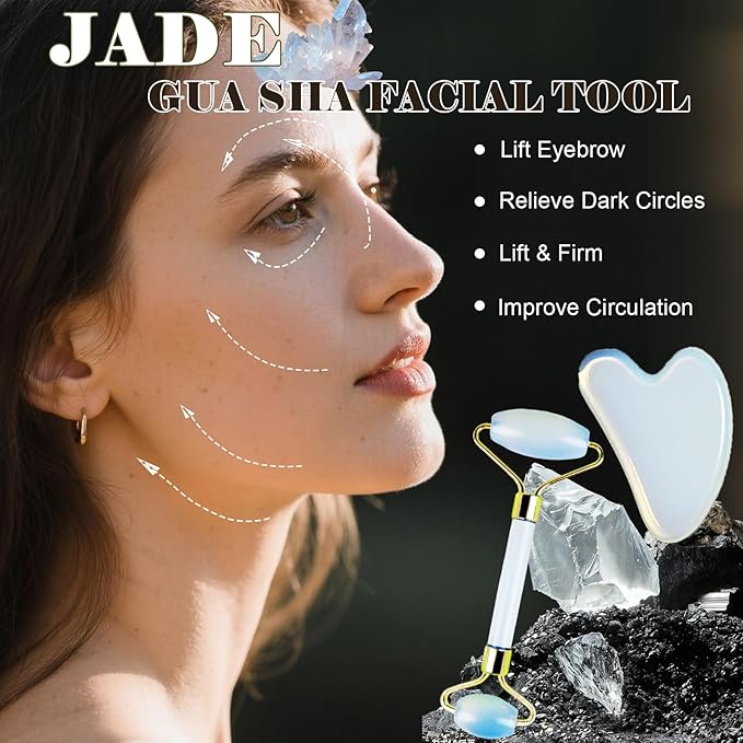 Jade roller and gua sha, facial roller, women's skincare tool, self-care gift, face, eye, neck massager, relieves fine lines and wrinkles, aventurine, opal, rose quartz