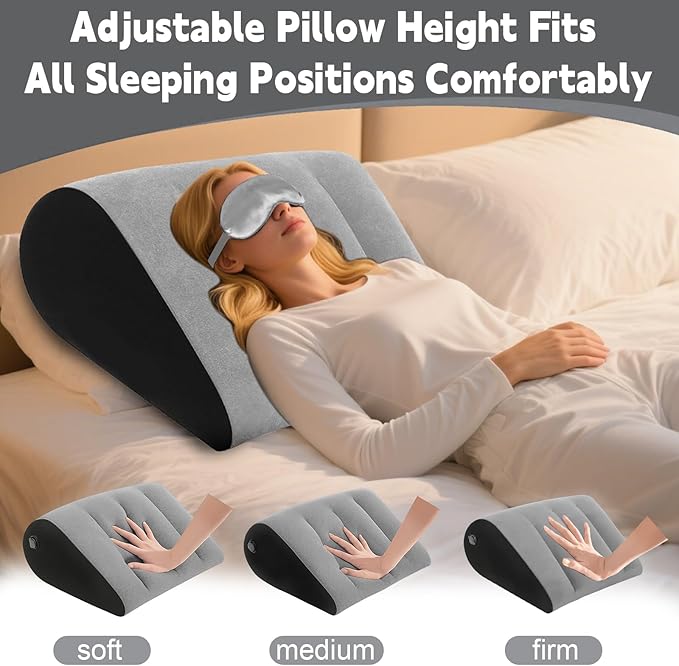 TheClover Inflatable Wedge Pillow for Sleeping - Leg Elevation, Use in Bed Back Support, Wedge Pillow for Sleep Apnea, Portable Travel Triangle Pillow, Camping, Fast Inflating Deflation (Grey)