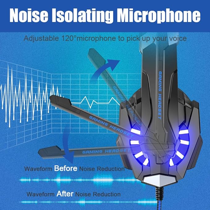 BENGOO G9000 Stereo Gaming Headset for PS4 PC Xbox One PS5 Controller, Noise Cancelling Over Ear Headphones with Mic, LED Light, 7.1 Surround Sound, Soft Memory Earmuffs for Nintendo Xbox Series X|S