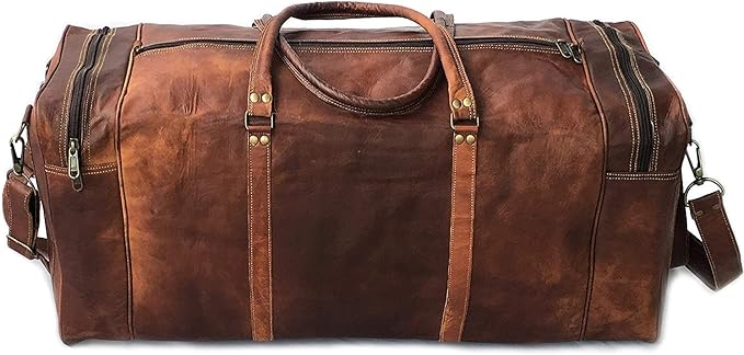 KK's Vintage Leather Duffel Bag, Handcrafted, Stylish & Durable, Ideal for Gym, Travel, Genuine Leather Travel Bag, Brass Rivets & Zippers Size 28"(L),12"(D), 11"(H) Inch